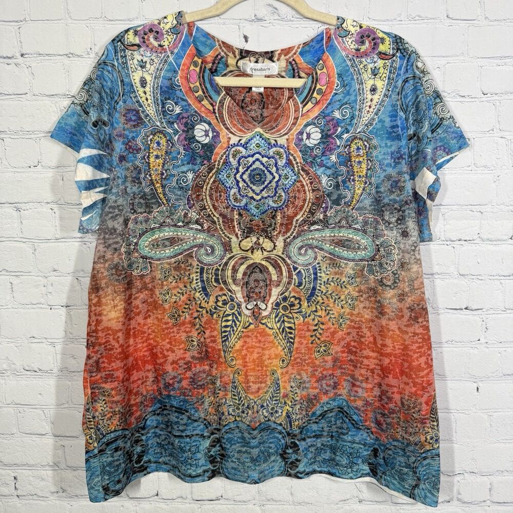 Boho Blouse Women Size 1X Festival Colorful Paisley Mandala Print Hippie Y2K Top